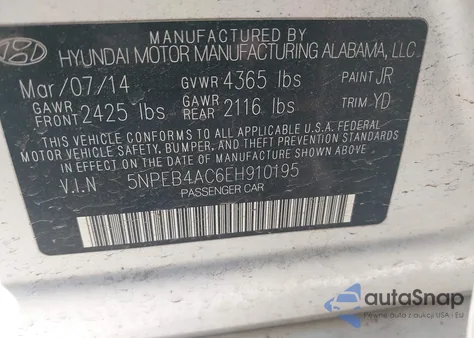 2014 Hyundai Sonata Gls из США, поврежденный, VIN 5NPEB4AC6EH910195